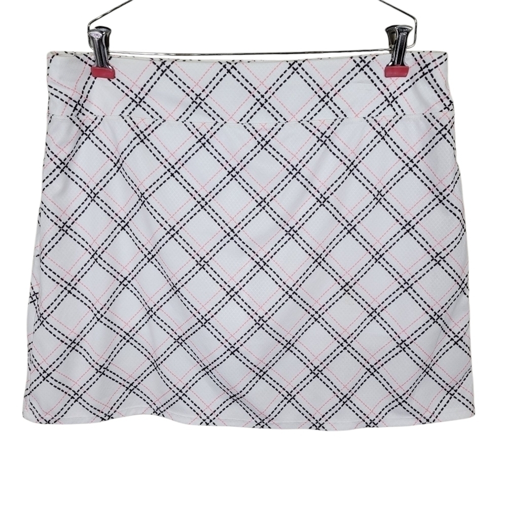 Coral Bay Golf Tennis Skort Skirt Size L White Pink Black Plaid Pleated Back